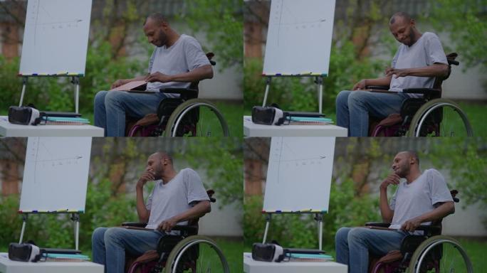 压力大的非洲裔美国残疾人关闭笔记本电脑的侧视图，表情不满意，撞到轮椅上。陷入困境的截瘫自由职业者在花