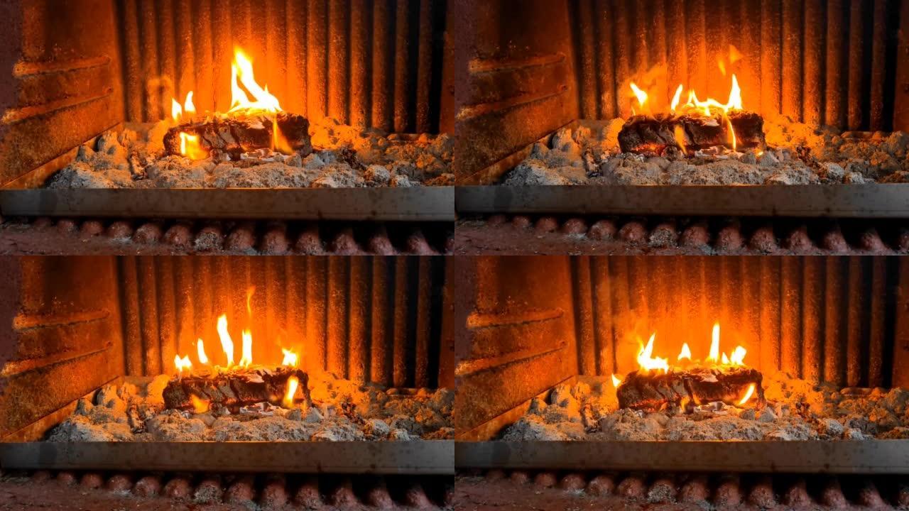 壁炉炉中着火的木块的稳定镜头