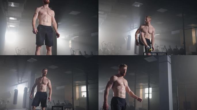 慢动作: 肌肉发达的赤膊健美男子精力充沛地跳进铁杆健身房，这是他交叉健身训练计划的一部分。男子因剧烈