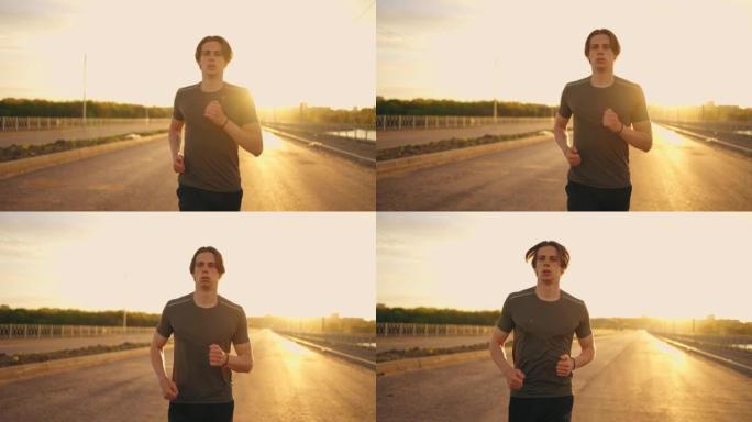 阳光明媚的早晨，运动男子在路上奔跑的耐力和速度，中等肖像