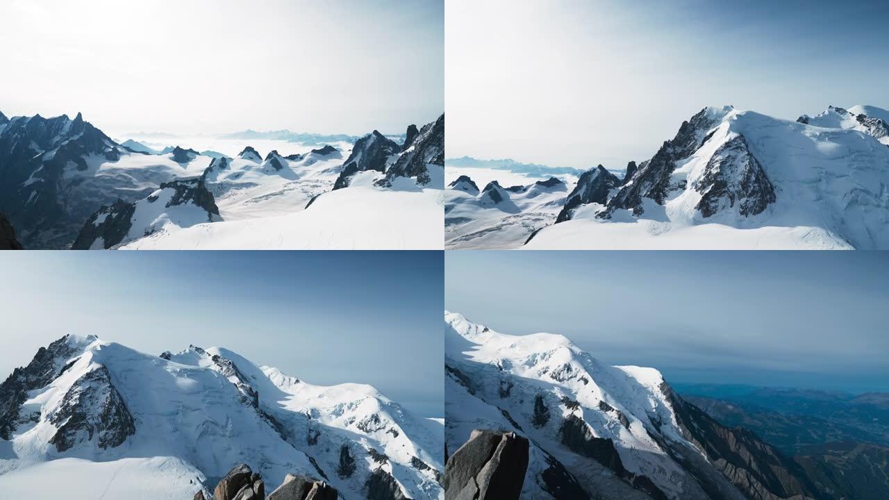 勃朗峰峰会全景。冰山和雪覆盖的尖峰