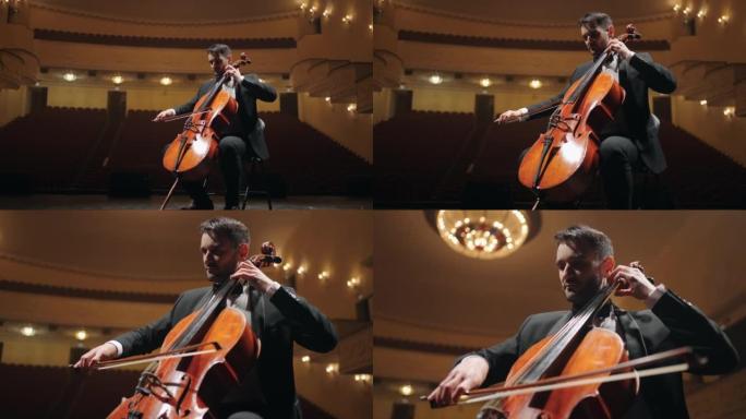 才华横溢的小提琴演奏家正在空荡荡的老歌剧院现场排练，爱乐音乐厅的大提琴手肖像