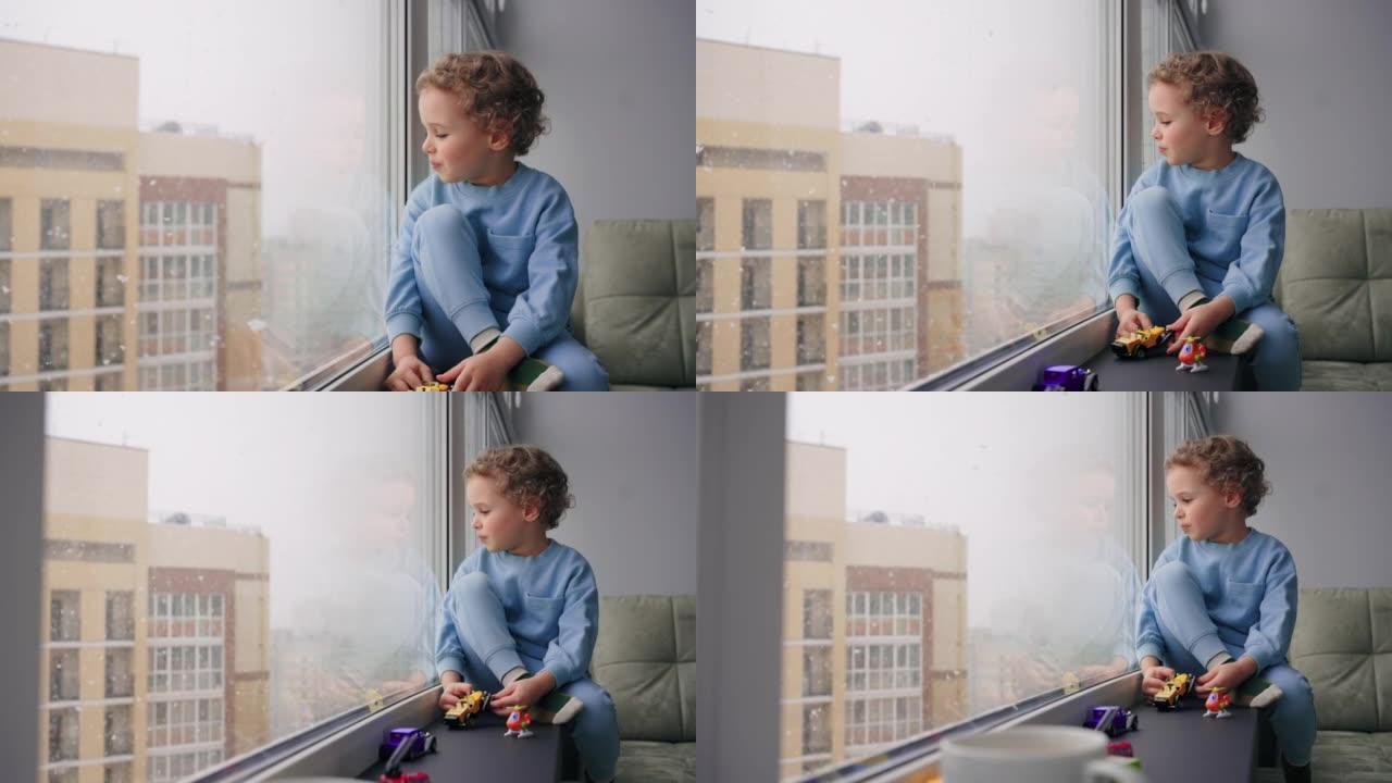 收养孩子和养育孩子，小男孩独自坐在房间里，看着窗外飘落的雪