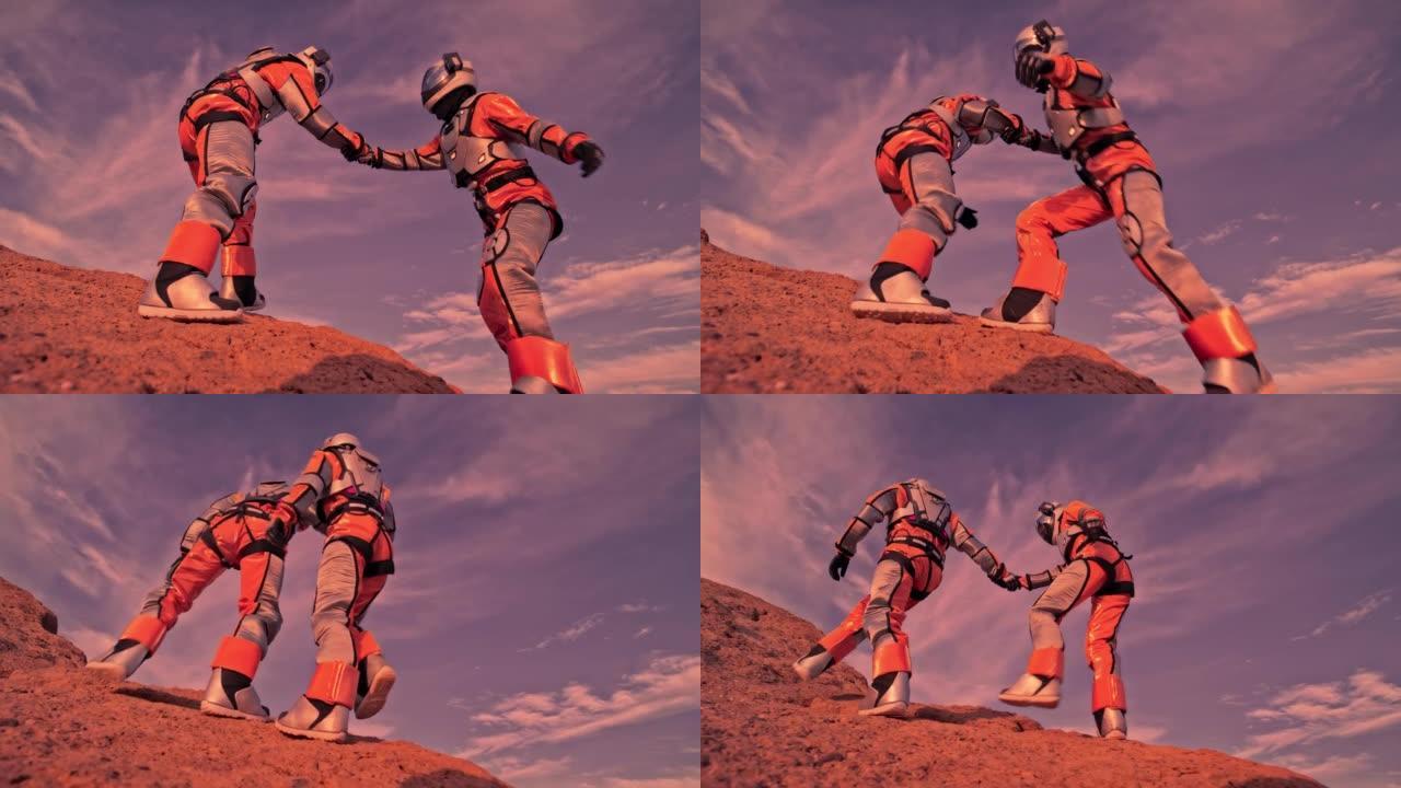 两名宇航员互相帮助爬上火星。研究外星环境