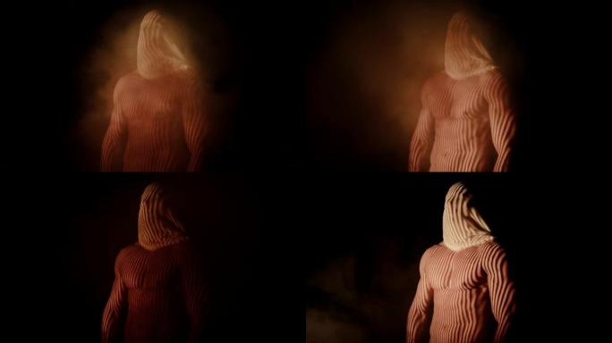 肌肉发达的战士，遮住脸。暴露的胸部肌肉。在带有烟雾效果的黑色背景上，用抽象的灯光效果为相机摆好姿势。