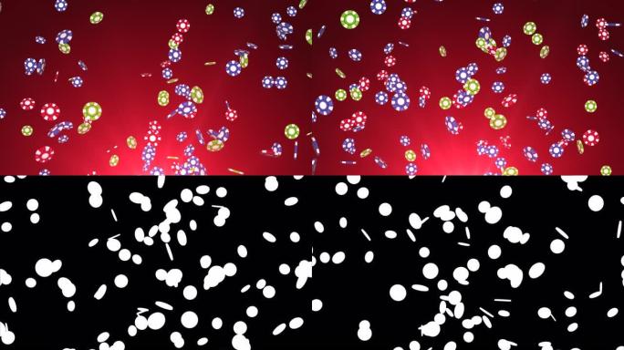 Pocker芯片落雨与戏剧性的照明赢家4K 3D阿尔法绿屏循环动画。