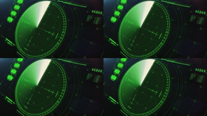 军用雷达扫描区域，在屏幕、船舶、飞机上显示多个目标