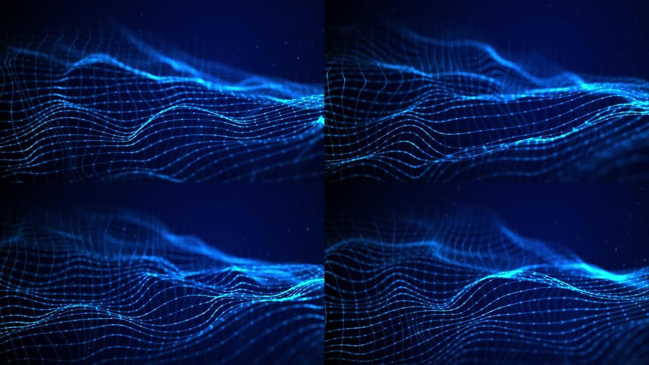 3D 4k动态波的发光粒子数字技术循环背景。