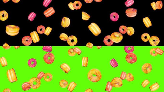 4k循环下降糖霜甜甜圈背景。动态图形，生日，广告