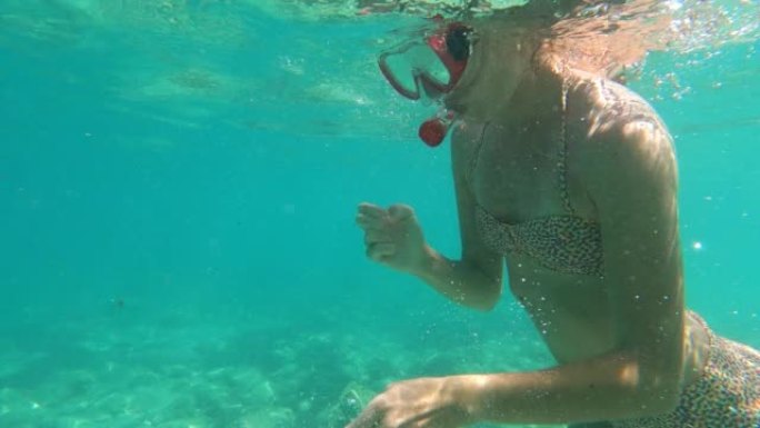 夏天在海里浮潜。戴上面具潜水的女人。可穿戴相机视点