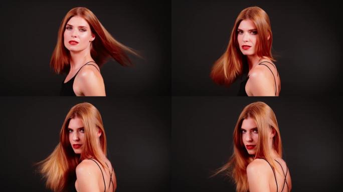 美丽诱人的女人，深色背景上有红头发。旋转并扔掉闪亮的橙色健康头发。超级慢动作