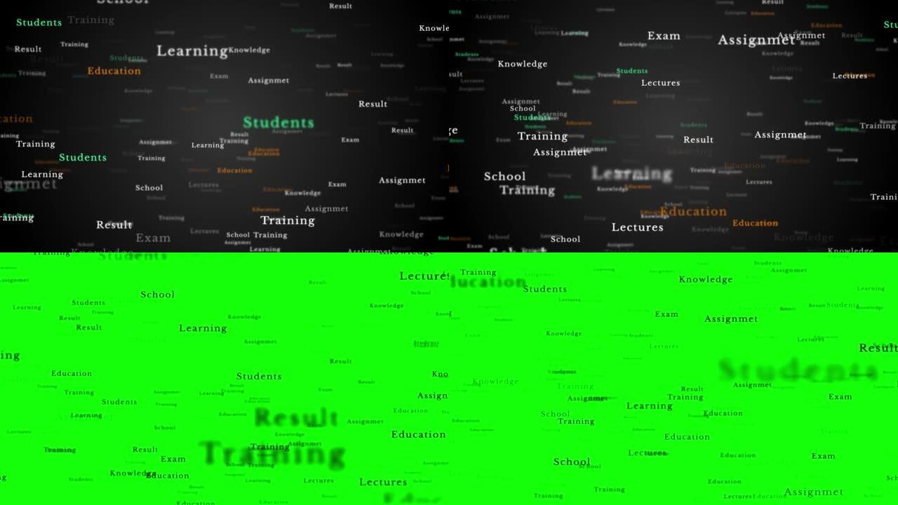 3D 4k教育词云飞穿主题绿屏循环动画背景。