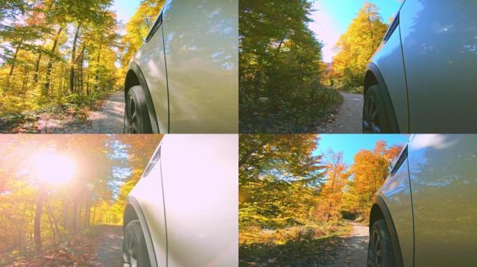 在阳光明媚的秋天森林中的碎石路上行驶的汽车的LD前轮胎