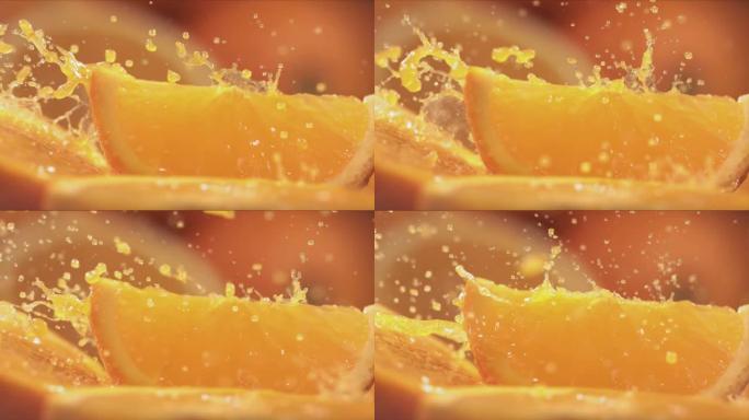 橙汁以1400fps的速度溅到橙片上的慢动作镜头。