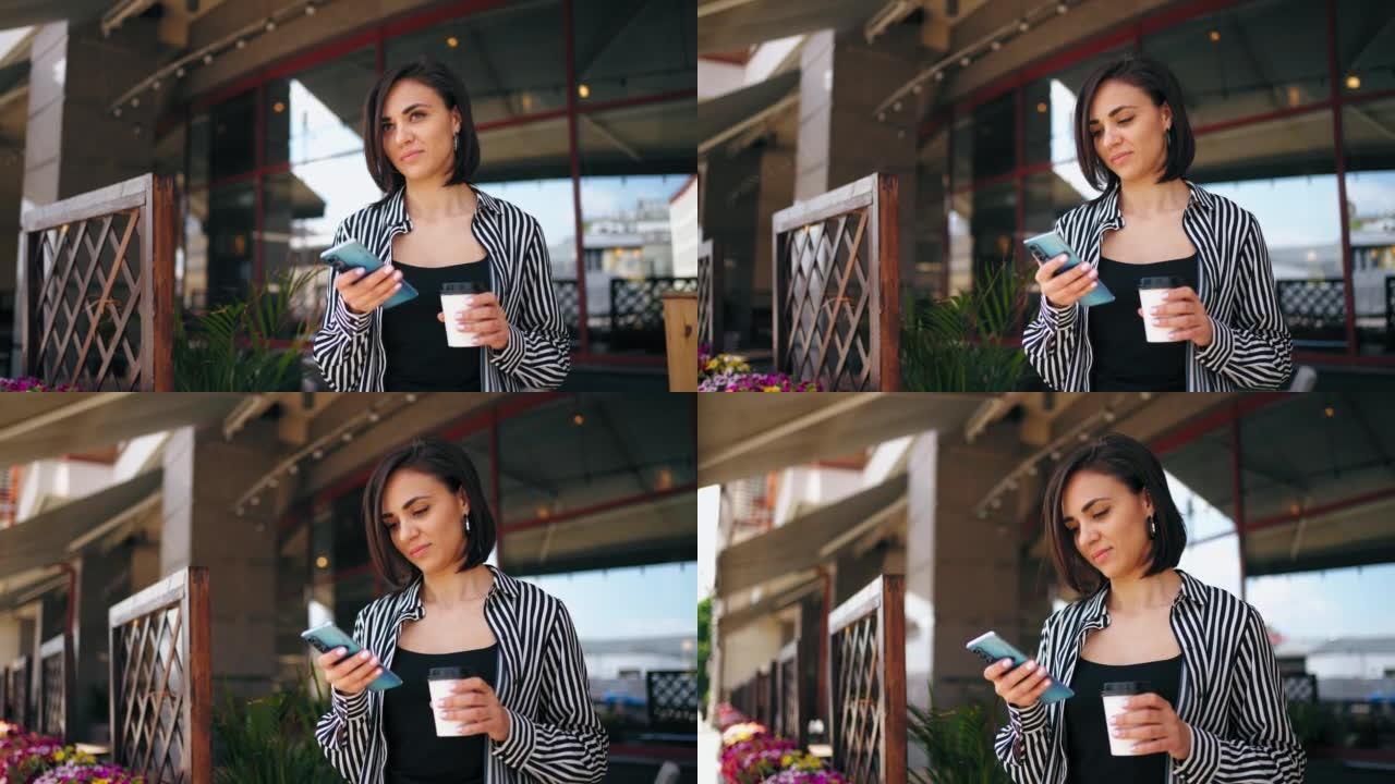 城市咖啡馆女性社交媒体用户的肖像，女士拿着咖啡杯在智能手机屏幕上滑动