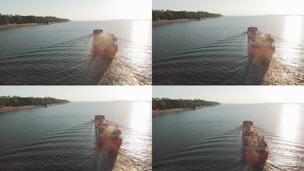 Cargo barge on the river in summer