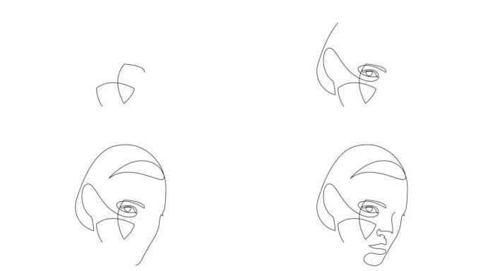 女性脸连续单线绘制的自画动画。美女或女人肖像。手工绘制，白底黑线