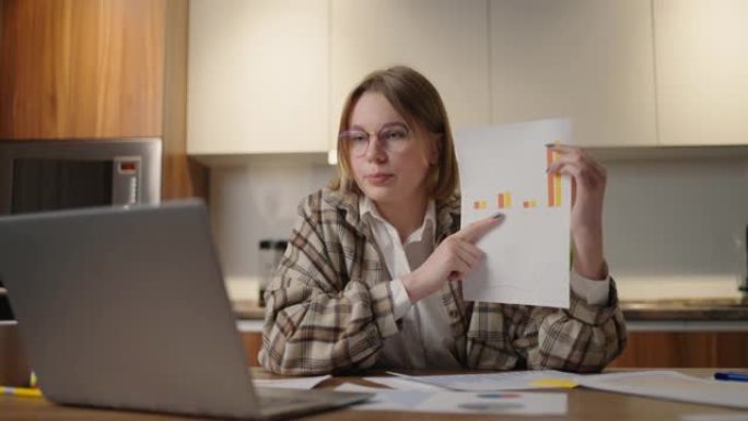 坐在家里的厨房里，戴着眼镜的女人在笔记本电脑的相机上显示了一张图表。家庭办公室远程工作。用图表和表格
