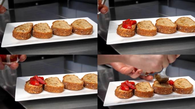 厨师将西红柿放在面包上的细节照片