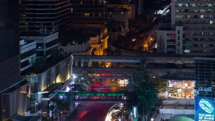 夜间照明曼谷市市中心交通街地铁线屋顶全景4k延时泰国