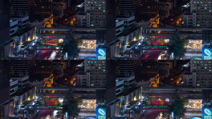 夜间照明曼谷市市中心交通街地铁线屋顶全景4k延时泰国