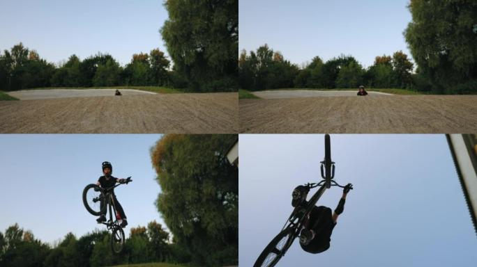 骑自行车的人正在赛道上跳过相机，迷人的BMX自行车在空中飞行的镜头