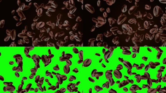 4k循环动画在黑色循环背景绿屏上飞行许多咖啡豆。