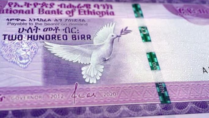 埃塞俄比亚埃塞俄比亚比尔200钞票，200埃塞俄比亚比尔，埃塞俄比亚比尔的特写和宏观视图，跟踪和多利