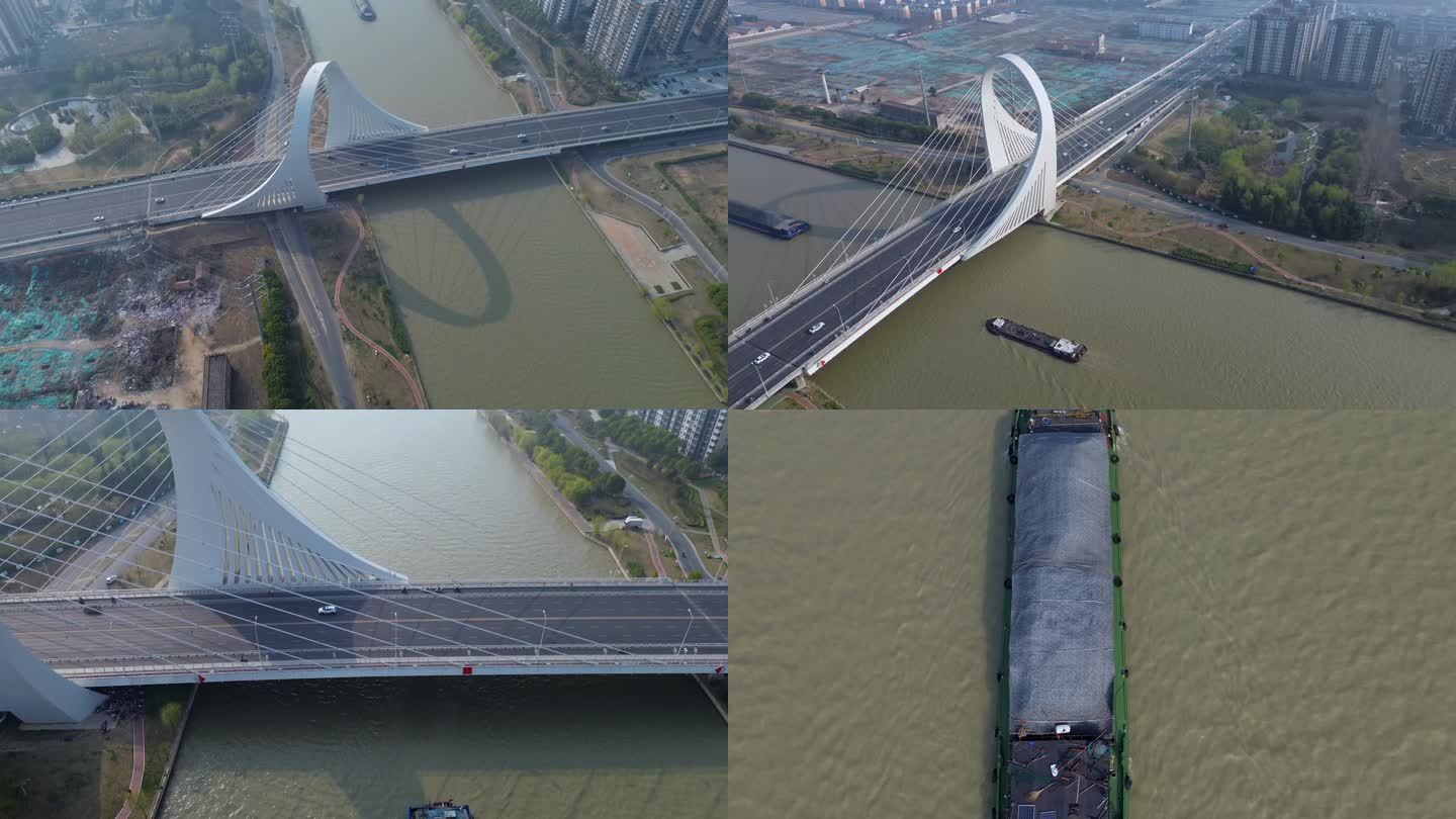 4K航拍短片.淮安运河大桥船运忙