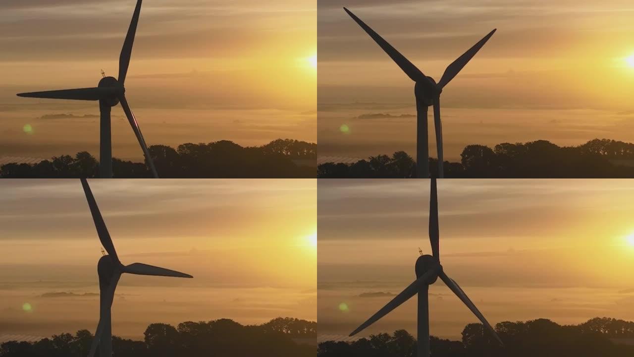 空中无人机在日落时拍摄的风力涡轮机
