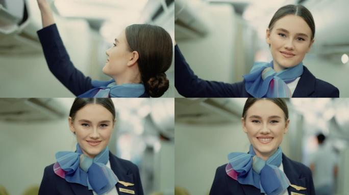 在飞机上工作时微笑的空姐肖像。