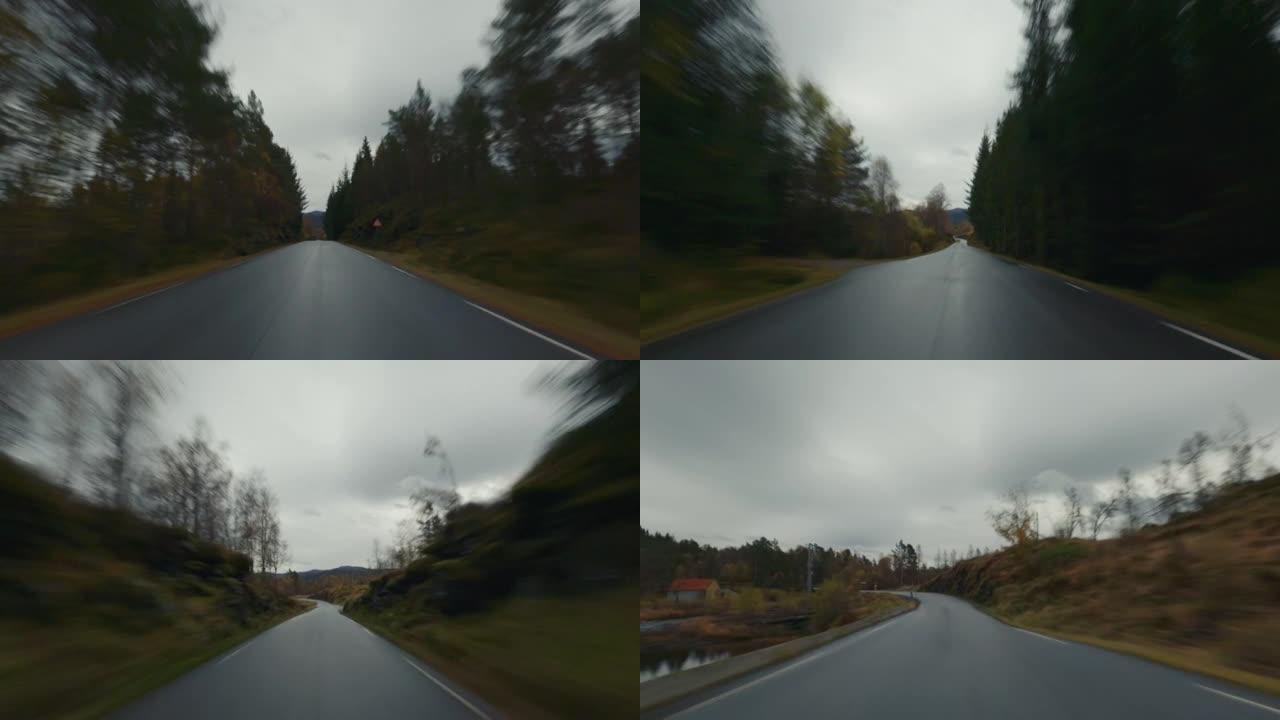挪威的POV汽车驾驶: 秋冬户外