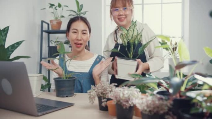 年轻的亚洲女性使用笔记本电脑接收采购订单，并在早上在树木商店通过相机在线展示植物录制视频。