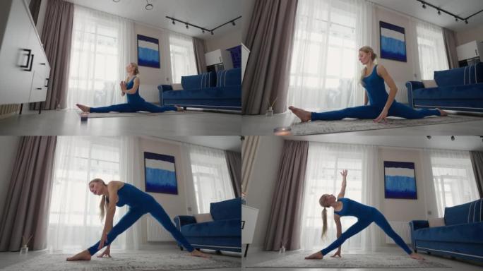运动女性在家训练健身腹肌锻炼。家庭健身房。锻炼生活方式。在客厅室内瑜伽垫上进行运动服训练的开朗运动健