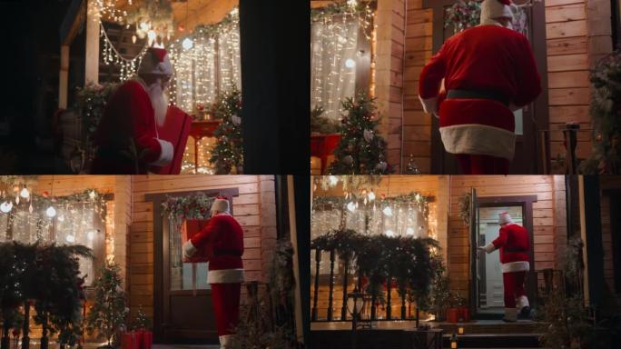 圣诞老人手里拿着礼物，进入儿童之家，在圣诞树下留下礼物。装饰圣诞屋