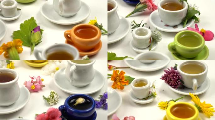 凉茶、茶具和各种鲜花