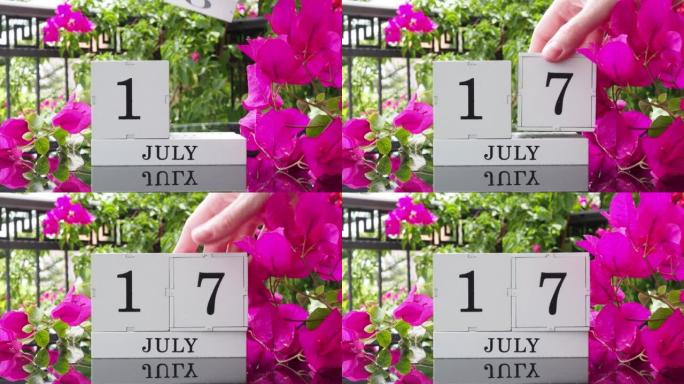 一个木制日历，有一个重要的活动，7月17日在一张有芙蓉花的桌子上，女人的手在日历上设定了日期。将日历