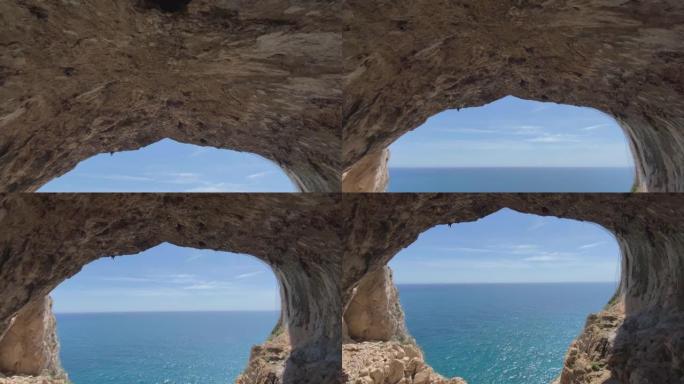 在海洋附近的一个大洞穴的平移镜头