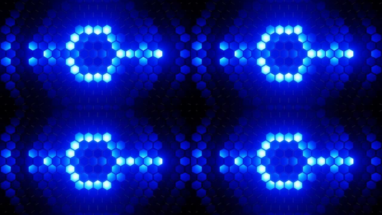 闪烁的蓝光脉冲六角形墙背景。3d现代运动图形