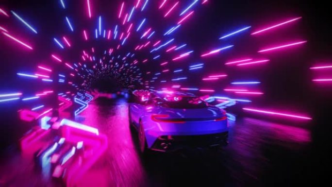 一辆跑车冲过带有方向标志的霓虹灯隧道。无限循环动画。