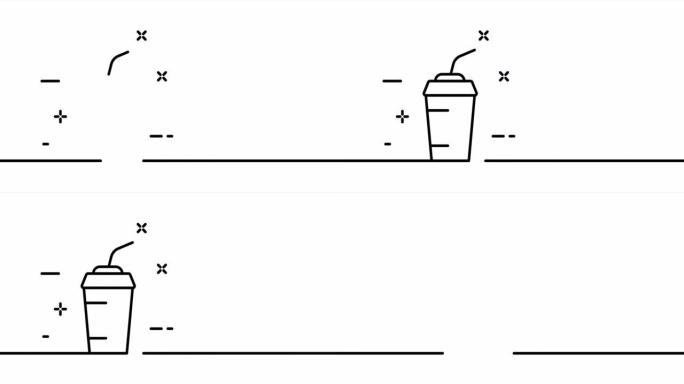 用吸管喝。塑料杯，咖啡，茶，热，冷，街，鸡尾酒。饮料概念。一个线条画动画。运动设计。动画技术标志。视