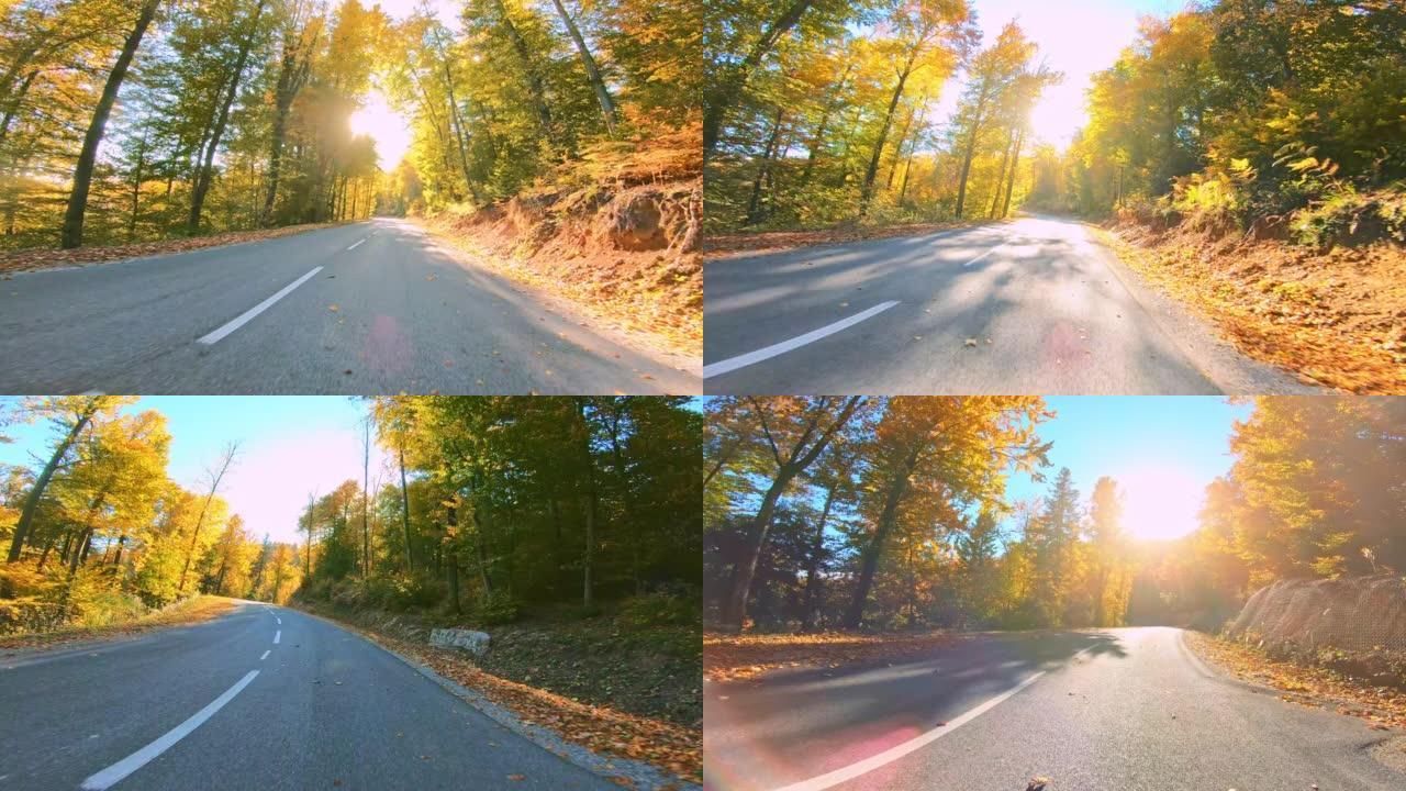 LD在秋天的阳光明媚的道路上行驶