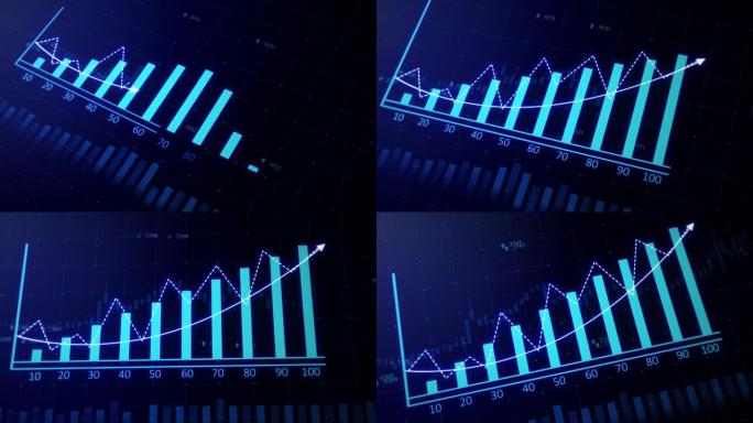 4k图形，带有向上上升的箭头和条形图，财务数据和图表