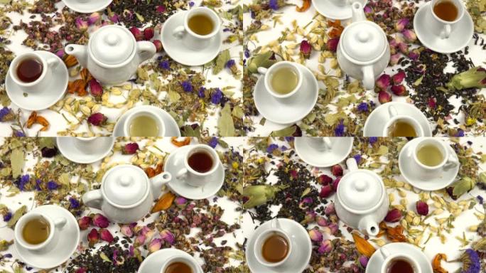 凉茶、茶具和各种茶叶干花