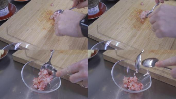 厨师切碎虾的细节照片