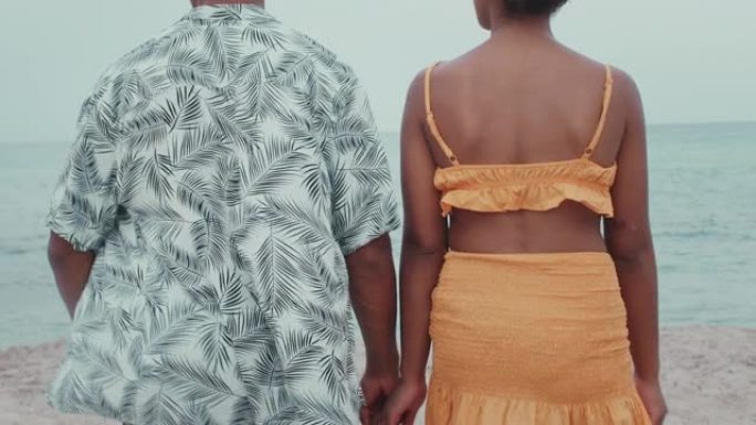 热爱非洲种族的夫妇拥抱。海边浪漫散步和夏日乐趣