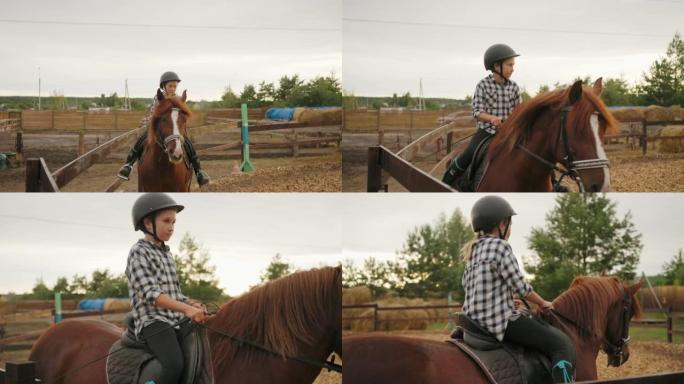 青春期女孩在夏季在牧场骑马，小马俱乐部的马术课