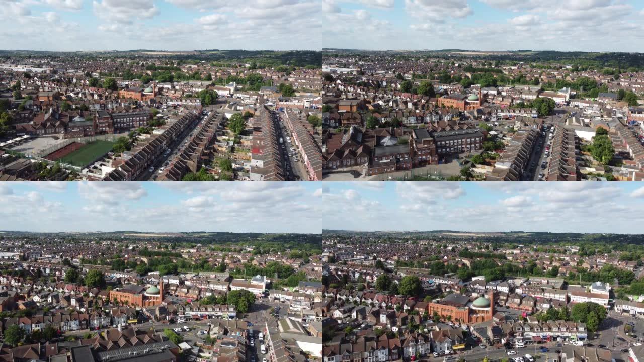 在亚洲巴基斯坦人和克什米尔人社区的居民区上，英格兰卢顿镇的空中高角度视图。