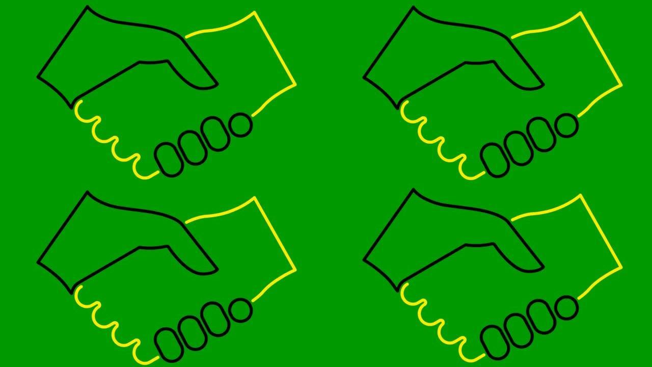 动画黑色和黄色握手图标。交易、协议、伙伴关系的概念。孤立在绿色背景上的矢量线性插图。