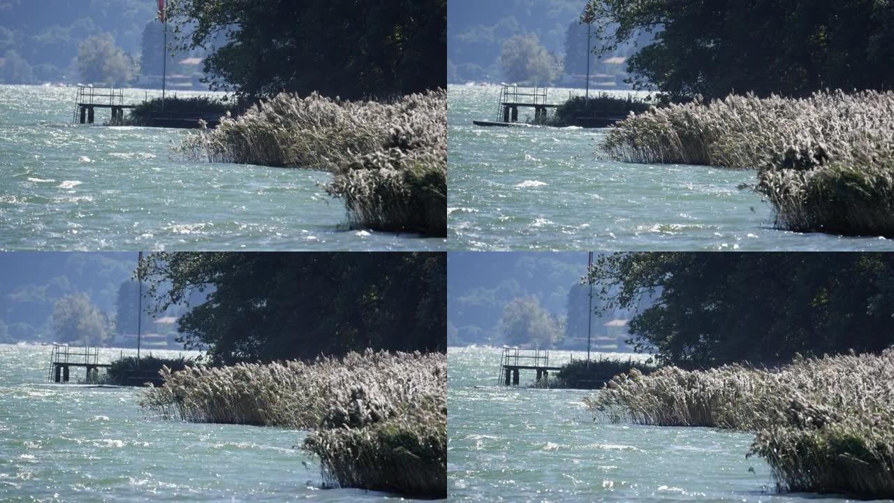 强风期间湖泊海岸线的细节拍摄